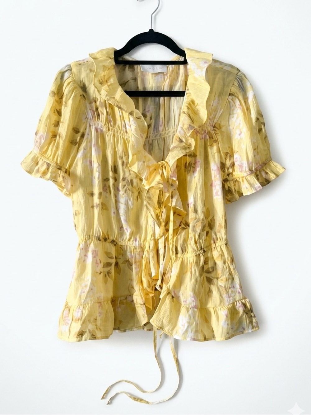 Love & Piece Collective Yellow Floral Ruffle Tie-Front Peplum Blouse Size M